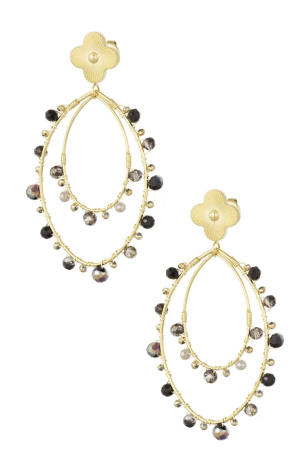 Oval earrings with beads - gold/black