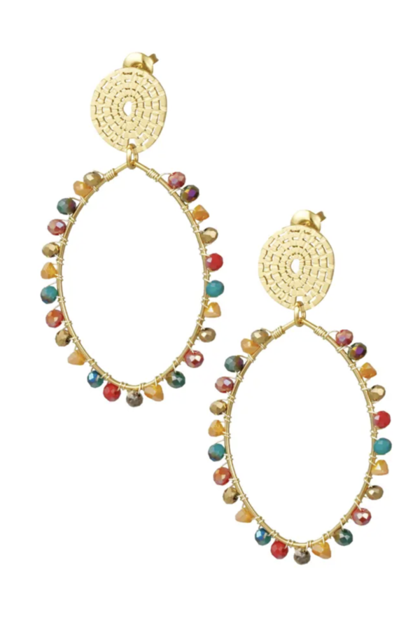 Oval earrings with beads - multi/gold