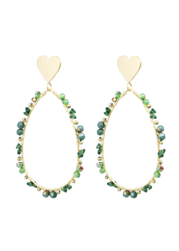 Oval earrings with beads and heart - gold/green